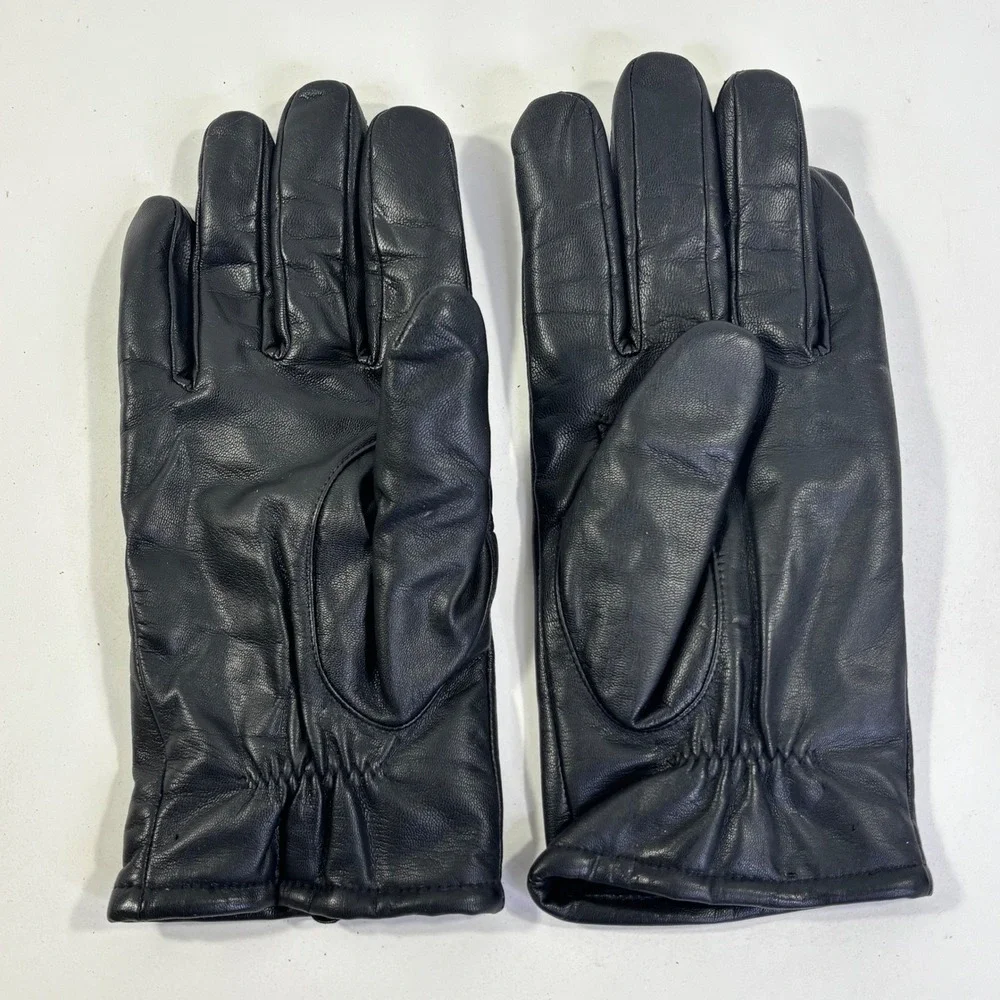 Black Genuine Leather Gloves Womens Large Faux Fur Lined Wavy Stitch